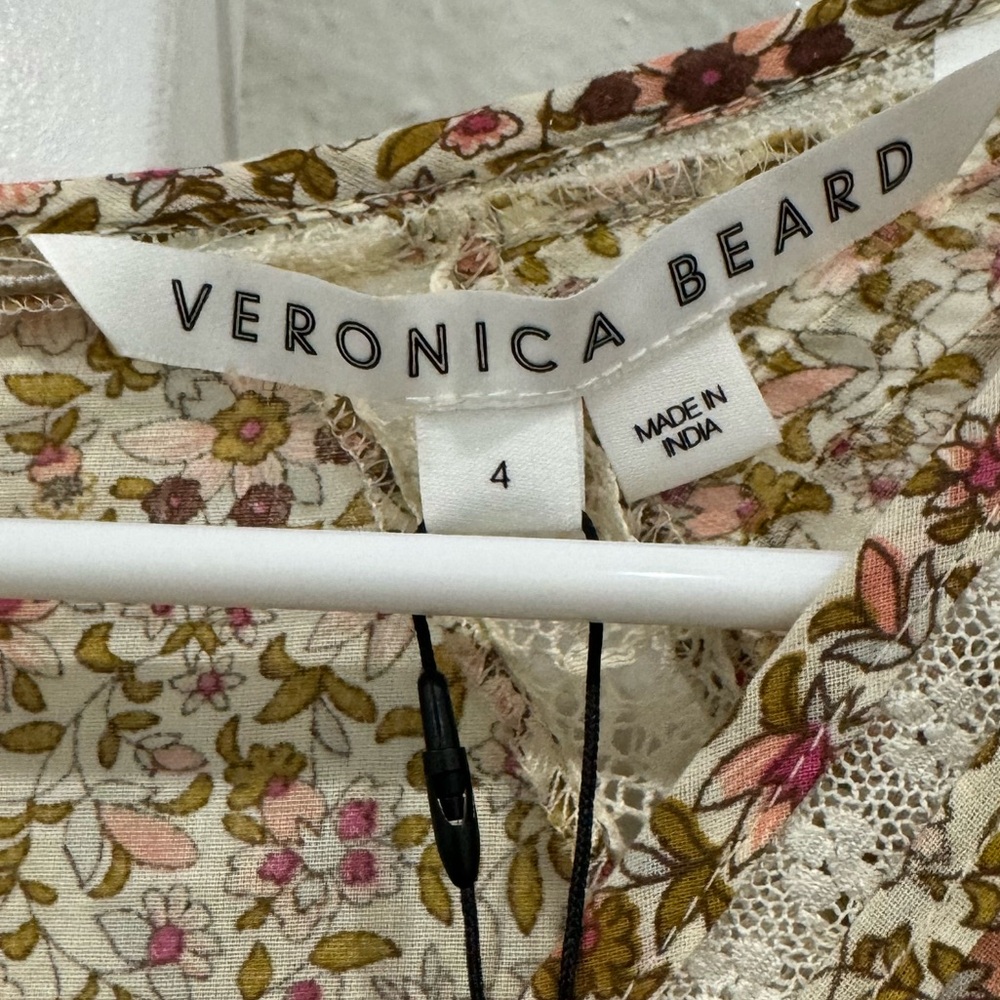 Veronica Beard Tan Mini Dress with Bishop Sleeves and V-Neck - Picture 3 of 8